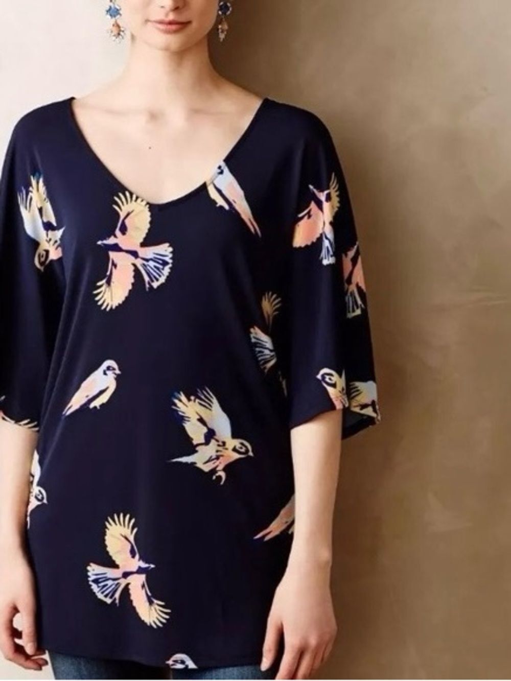 Anthropologie Deletta Navy Blue Bird Print Stretch Tunic Dress Size XS - Picture 1 of 6